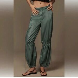 Anthropologie Satin Pants Teal Parachute Wide Leg Streetwear Gorpcore NWOT 8